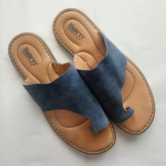 Born Sandals Size 10 Blue Suede Leather Toe Flat Slip On Comfortable Walking - Picture 9 of 9